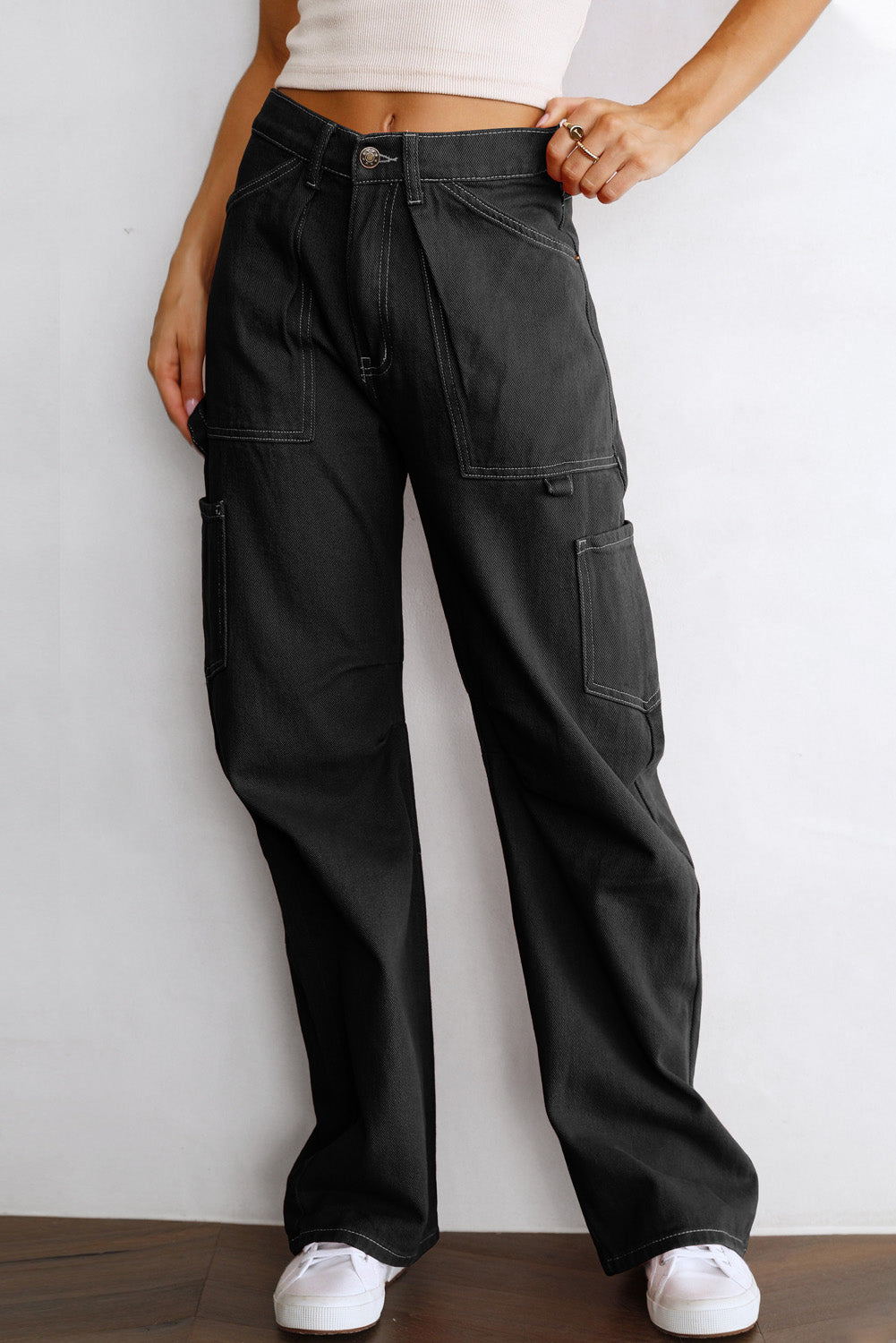 Black High Waist Straight Leg Cargo Pants with Pockets