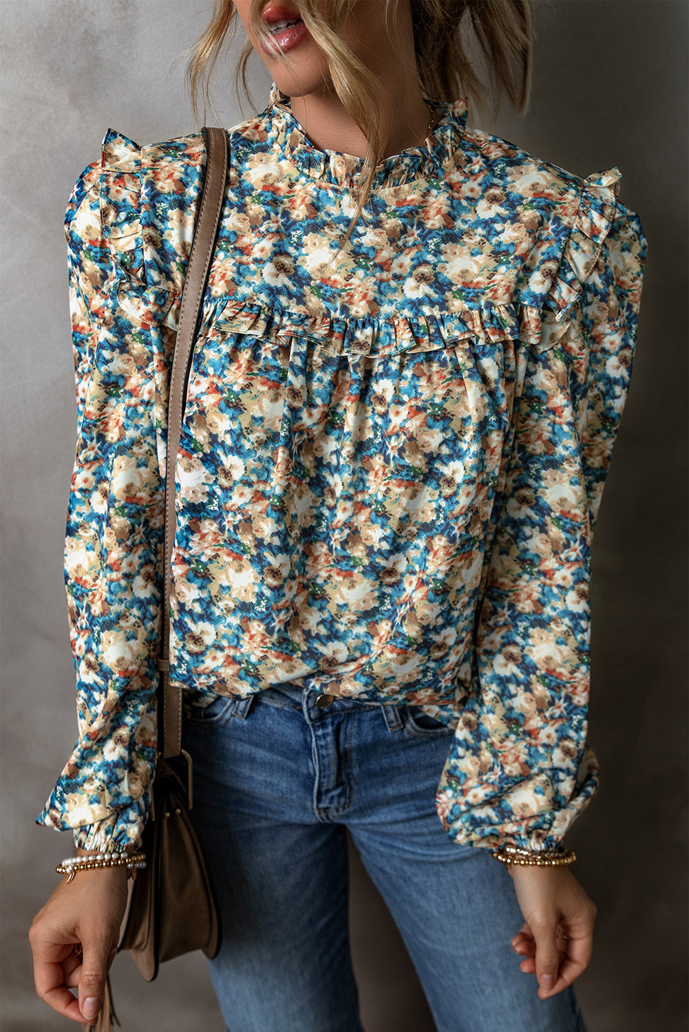 Sky Blue Floral Print Frilled Mock Neck Puff Sleeve Blouse