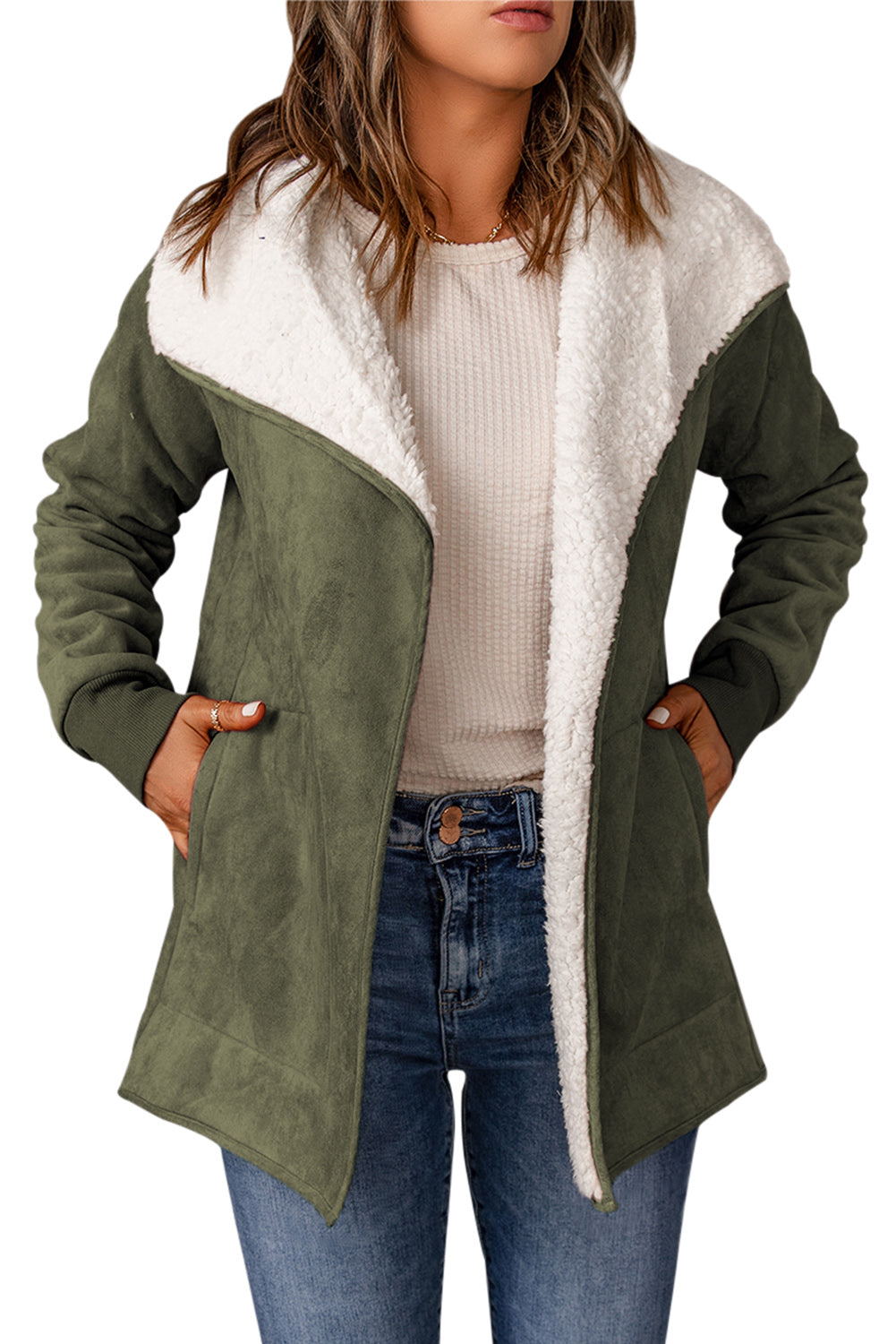 Green Faux Suede Fleece Lined Jacket