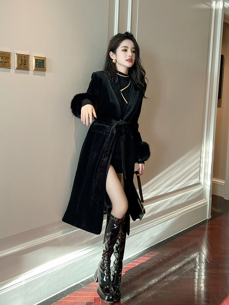 Women's Black Mid-length Coat Velvet