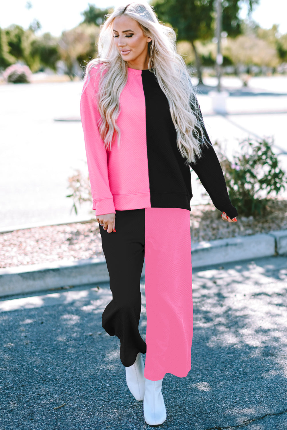 Pink and Black Contrast Color Outfit Set