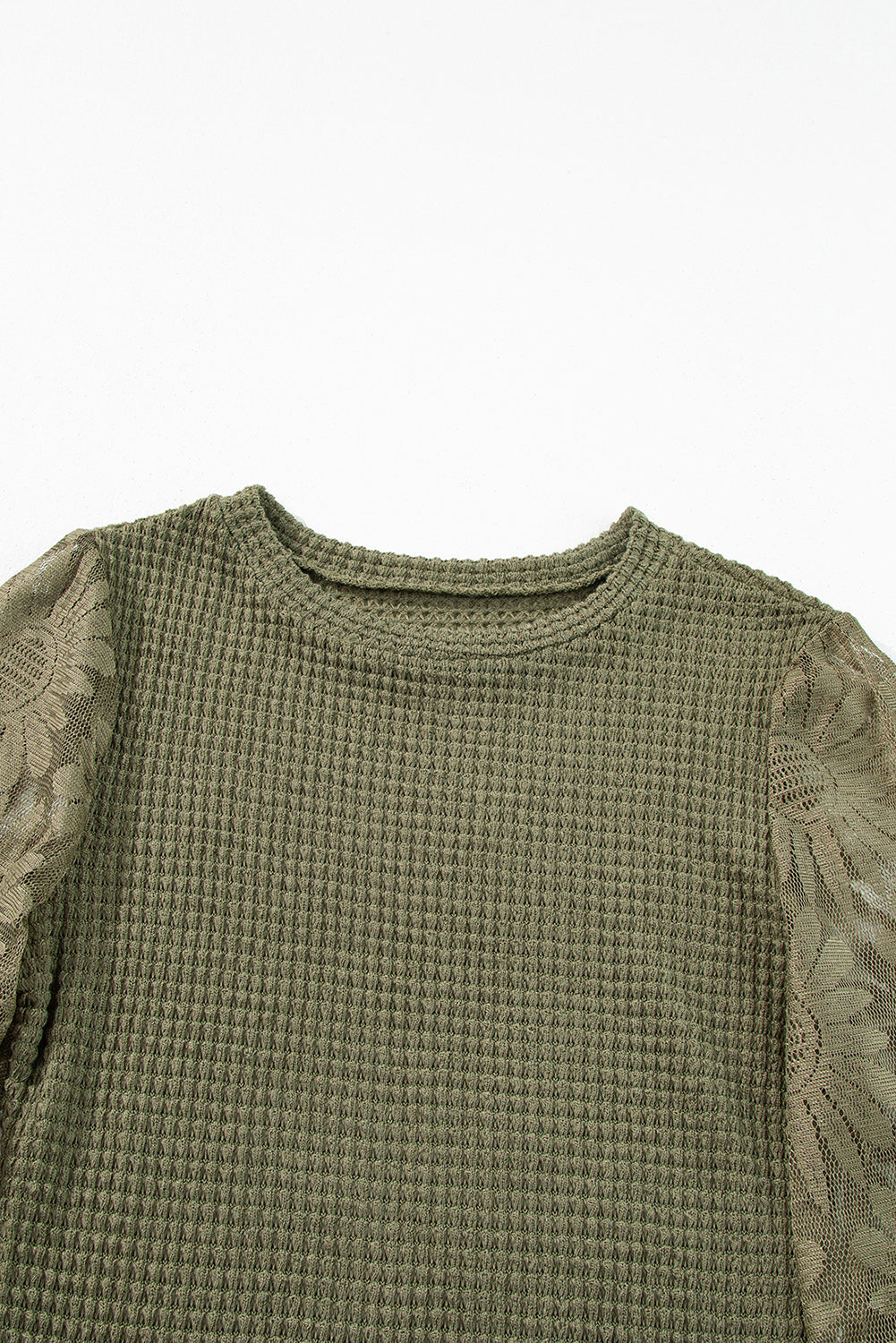 Jungle Green Sunflower Mesh Bubble Sleeve Waffle Knit Top