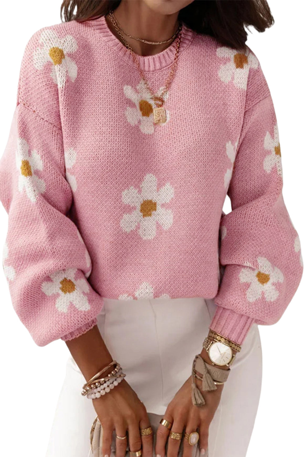 Pink Floral Pattern Sweater