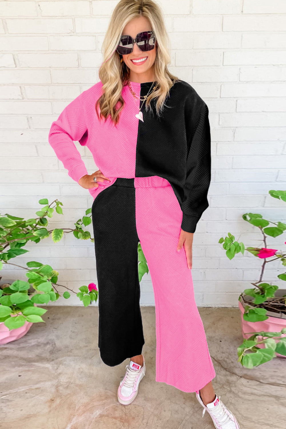 Pink and Black Contrast Color Outfit Set