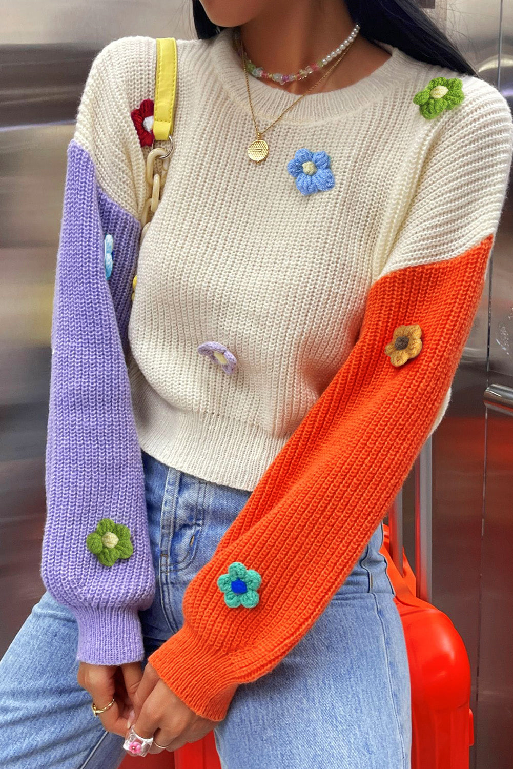 Multicolour Flower Applique Colorblock Drop Shoulder Sweater