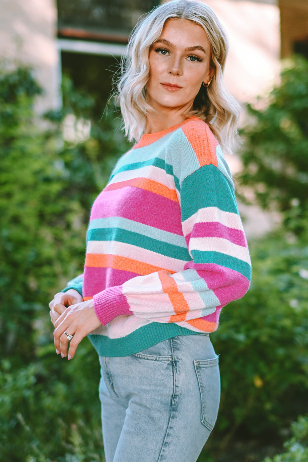 Multicolor Striped Knit Drop Shoulder Puff Sleeve Sweater