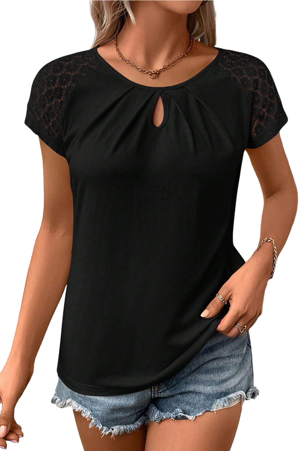 Black Contrast Lace Sleeve Keyhole Decor Top