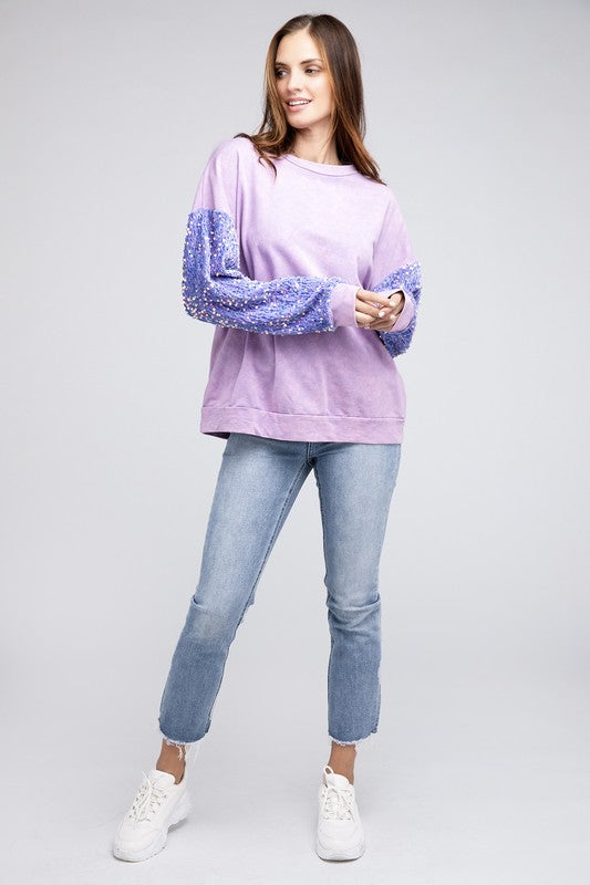 Sequin Sleeve Mineral Washed Top