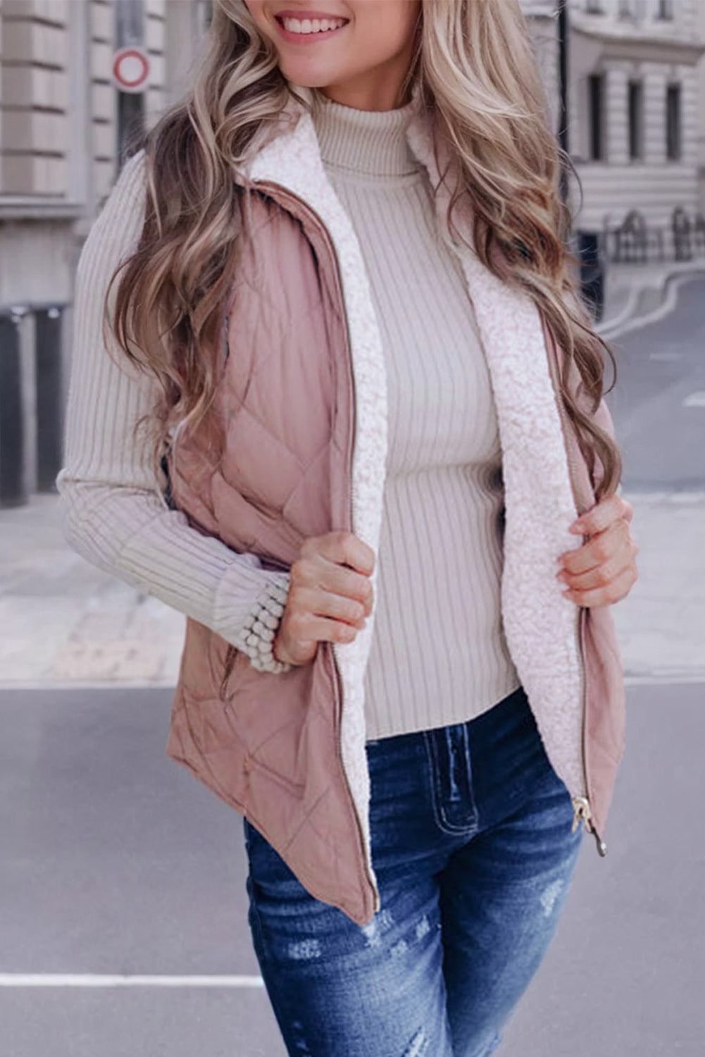 Pink Fleece Lined Quilted Vest Coats