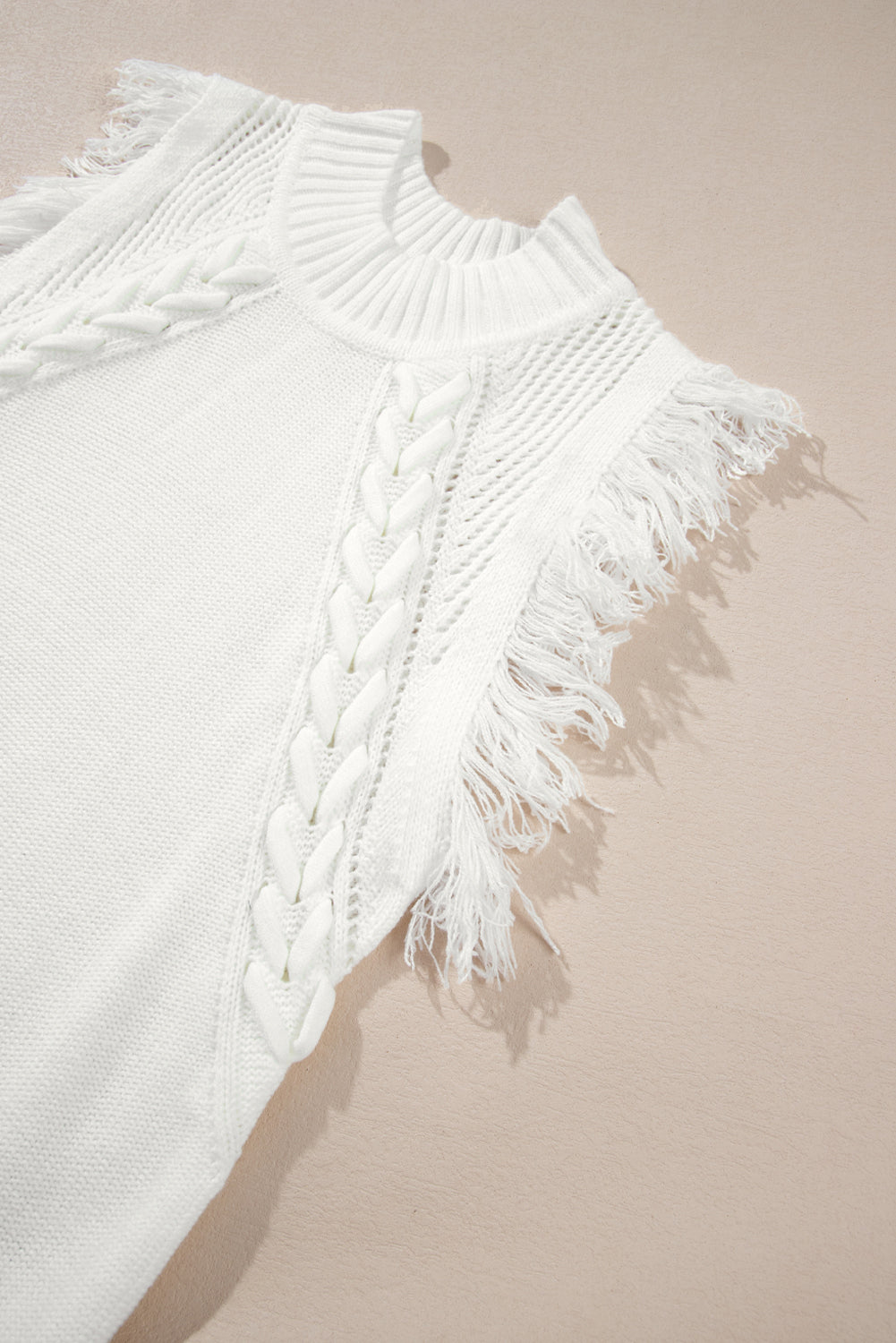 White Woven Tasseled Sleeveless Mock Neck Sweater Vest