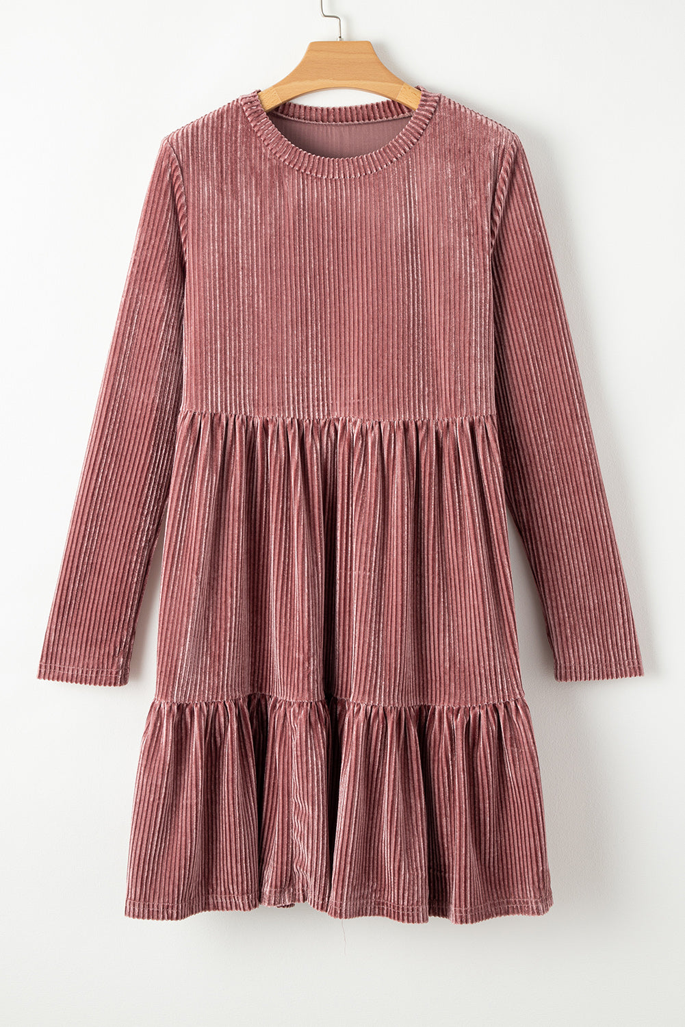 Pale Chestnut Long Sleeve Tiered Ribbed Velvet Dress