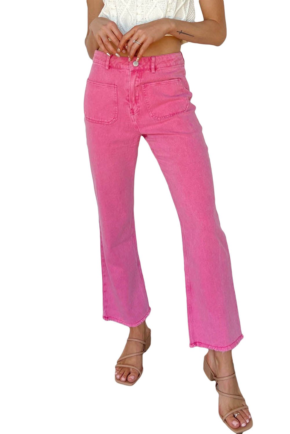 Pink Flare Leg Raw Hem Jeans