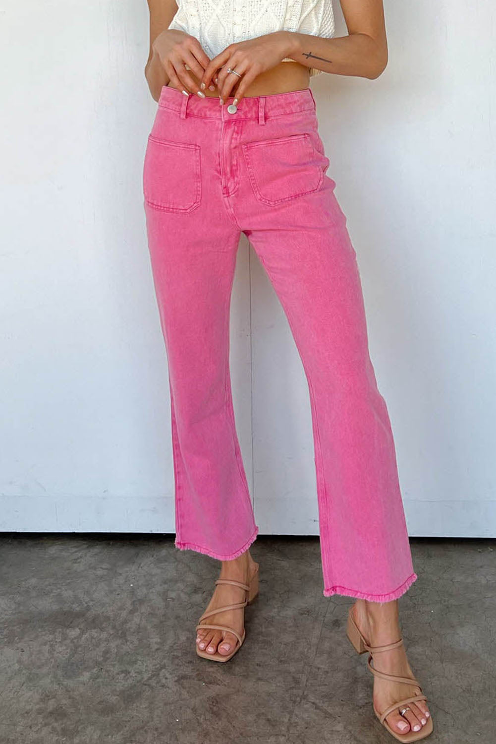 Pink Flare Leg Raw Hem Jeans