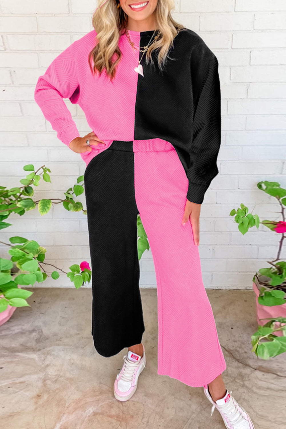 Pink and Black Contrast Color Outfit Set