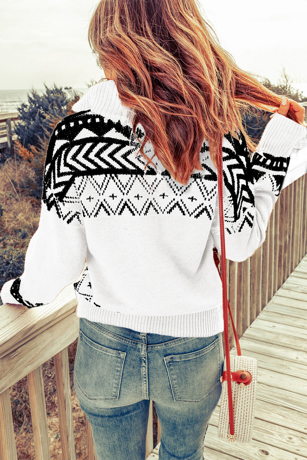 White Geometry Knit Quarter Zip Sweater