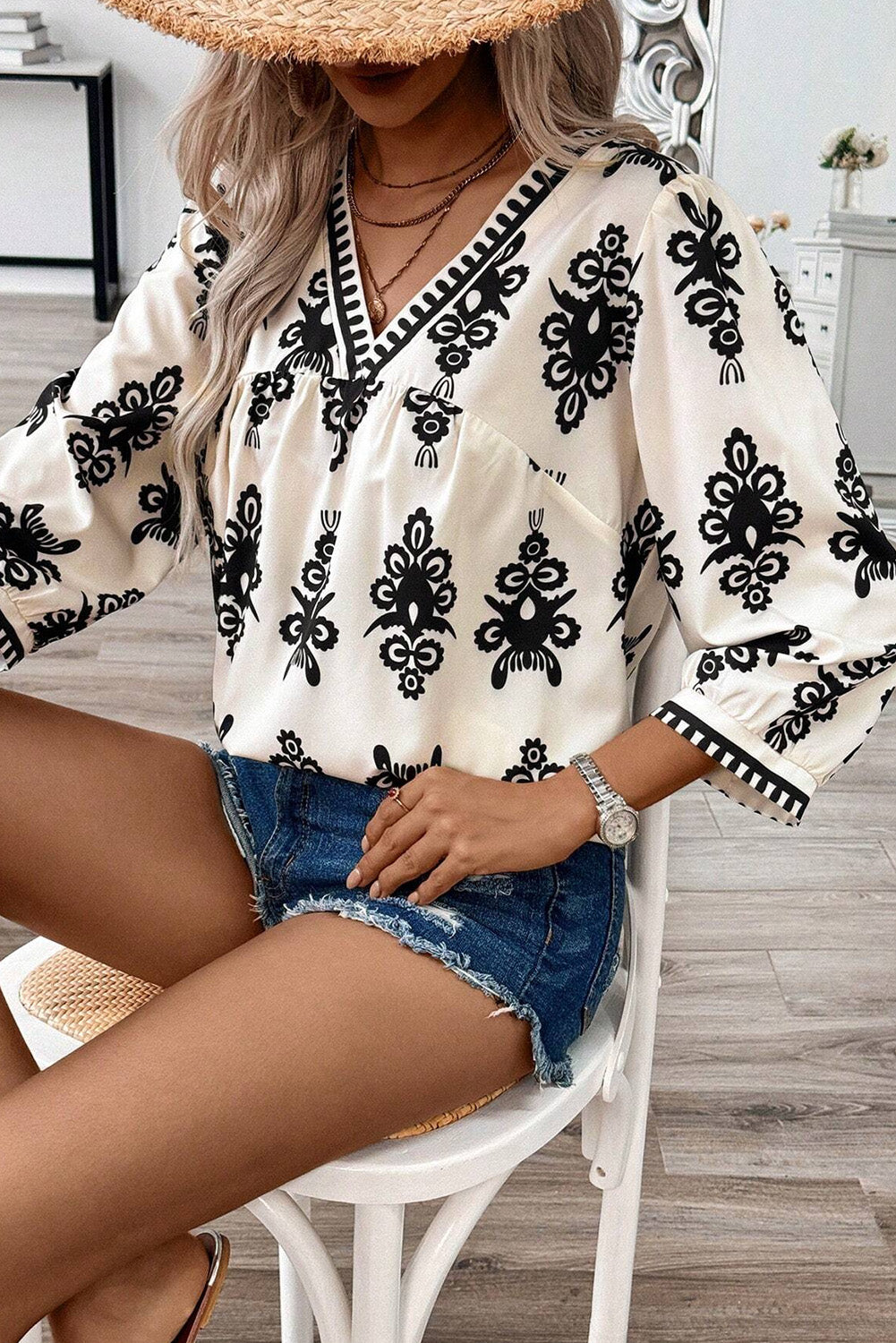 Beige Vintage Geometric Printed 3/4 Sleeve V Neck Blouse