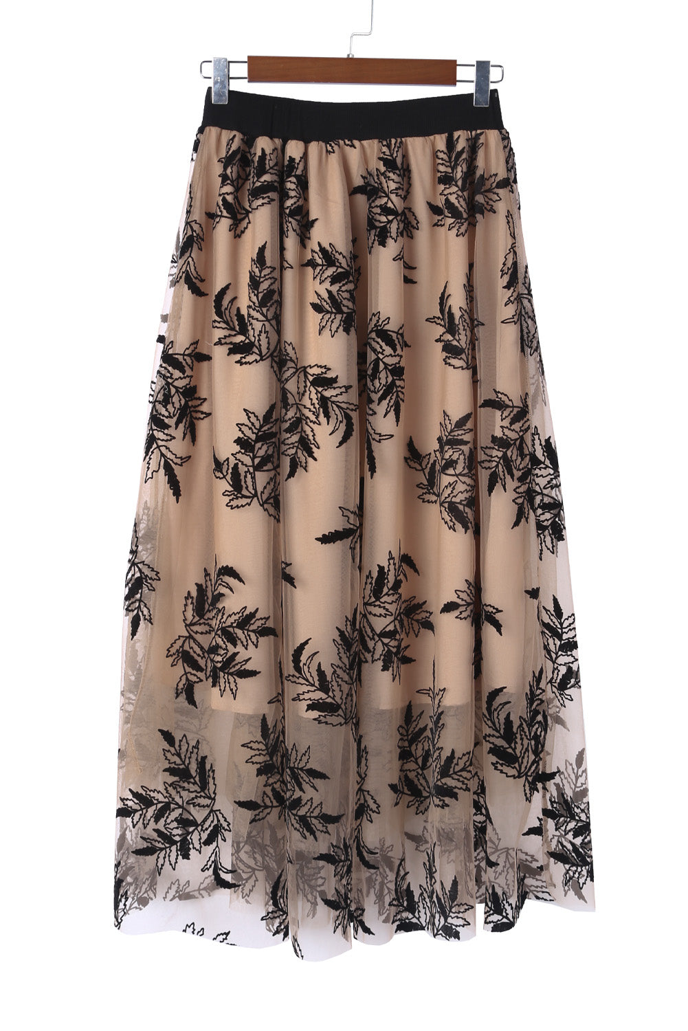 Apricot Floral Embroidered High Waist Maxi Skirt