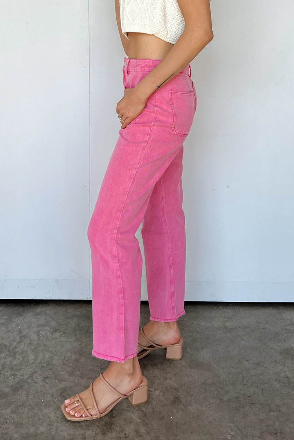 Pink Flare Leg Raw Hem Jeans