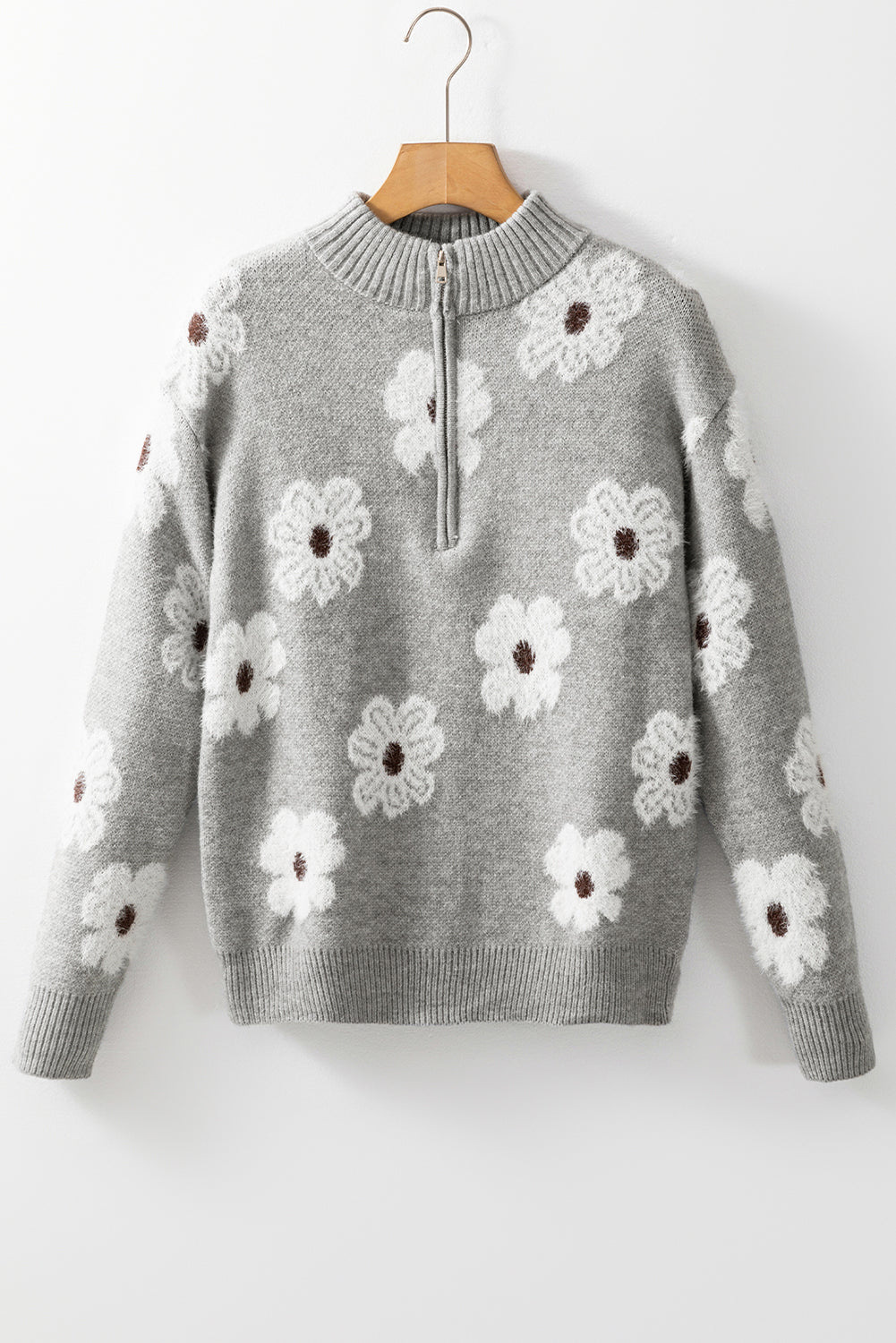 Gray Floral Pattern Half Zip Drop Shoulder Sweater