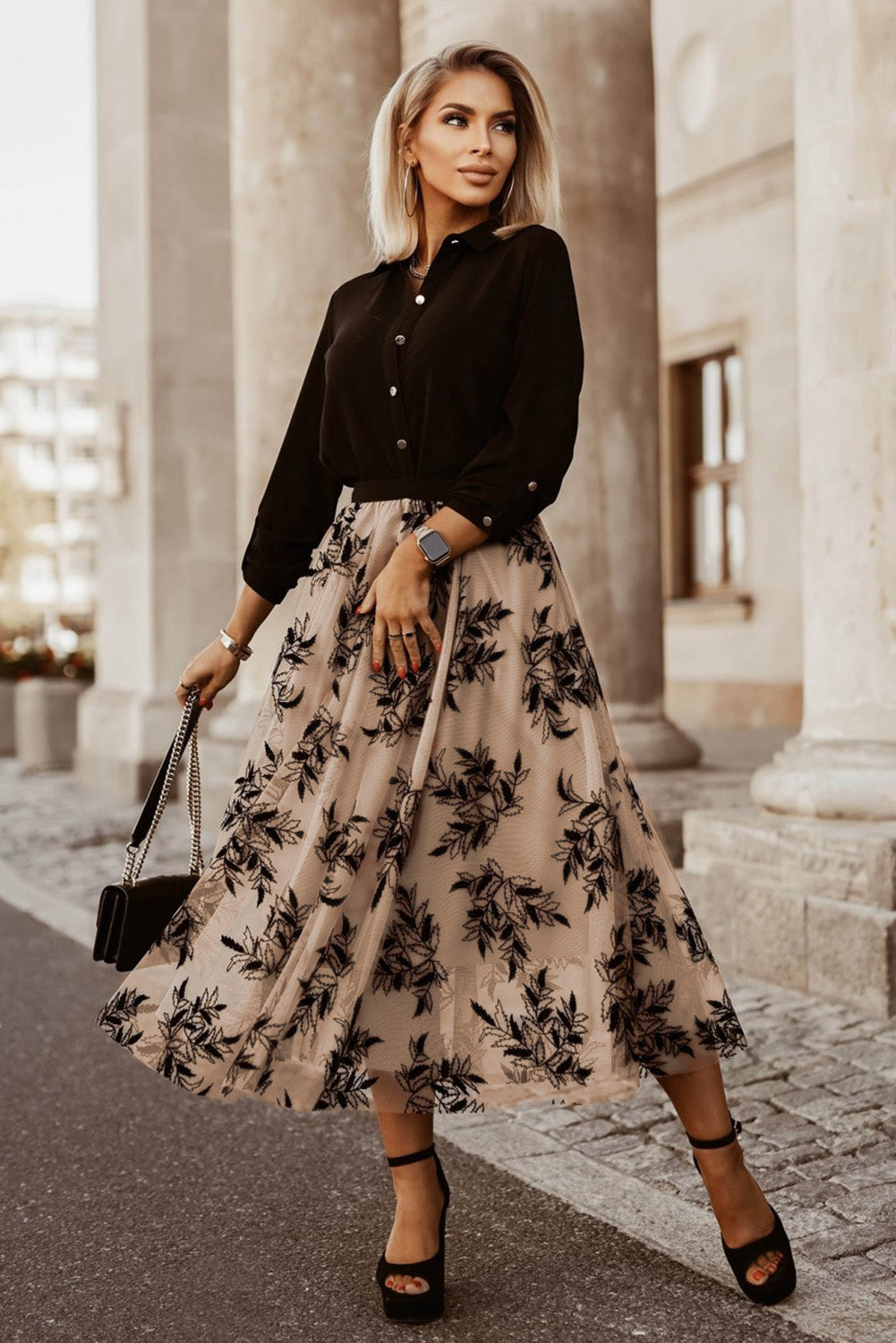 Apricot Floral Embroidered High Waist Maxi Skirt