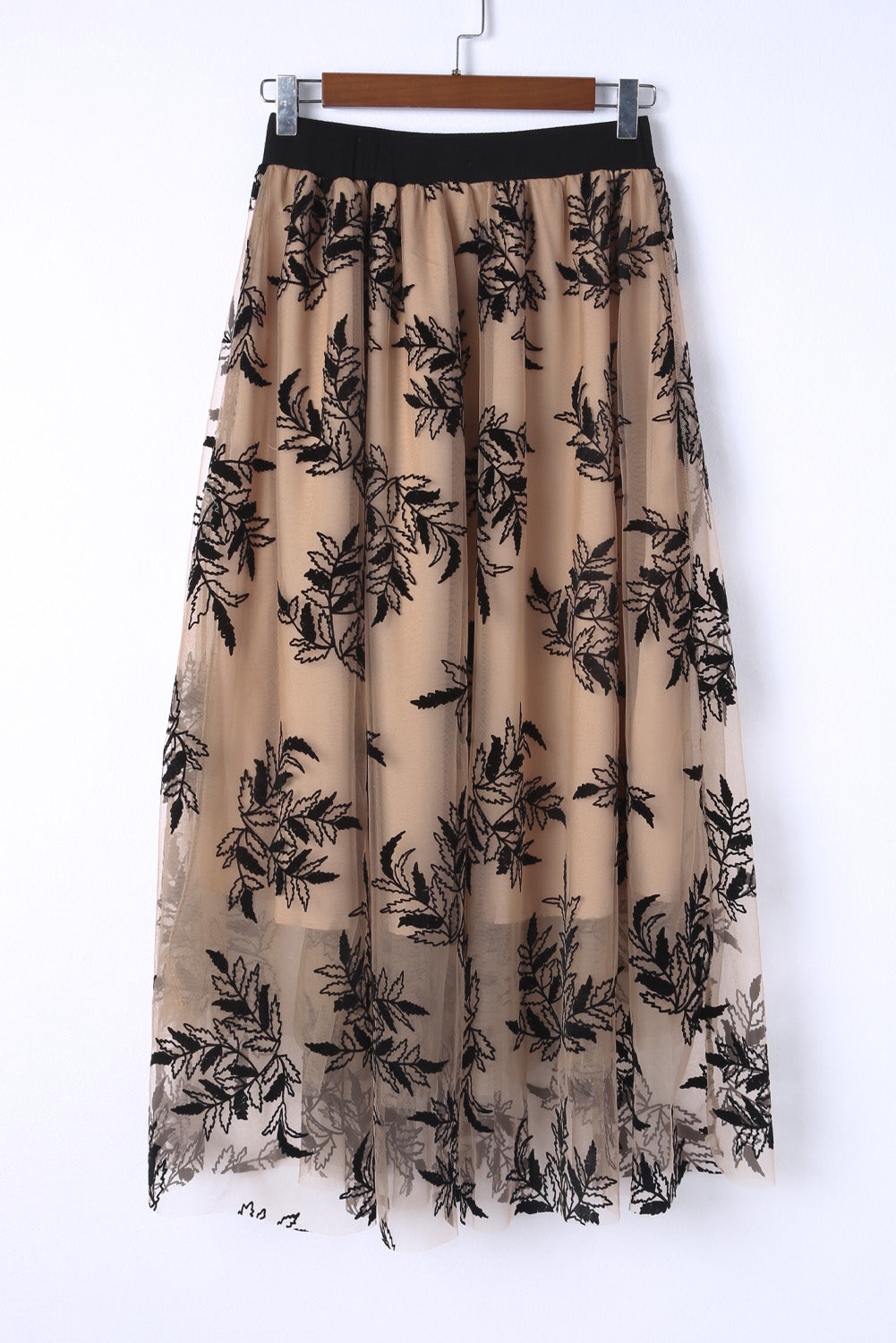 Apricot Floral Embroidered High Waist Maxi Skirt