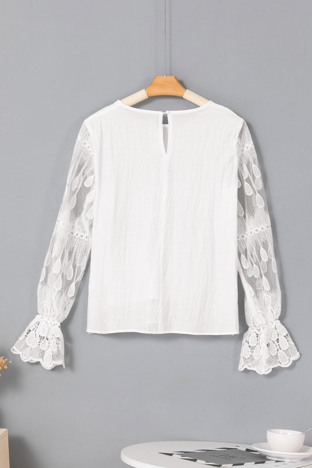 Beige Embroidered Mesh Flounce Sleeve Blouse