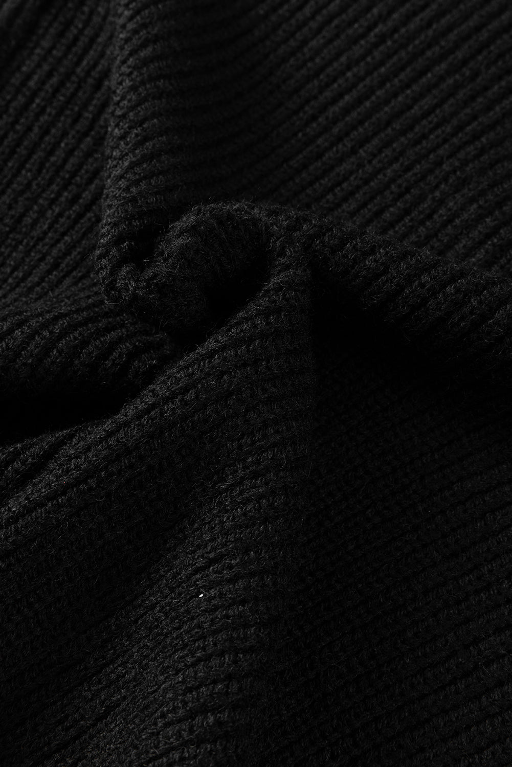 Black Braided Notched V Neckline Puff Sleeve Knitted Sweater