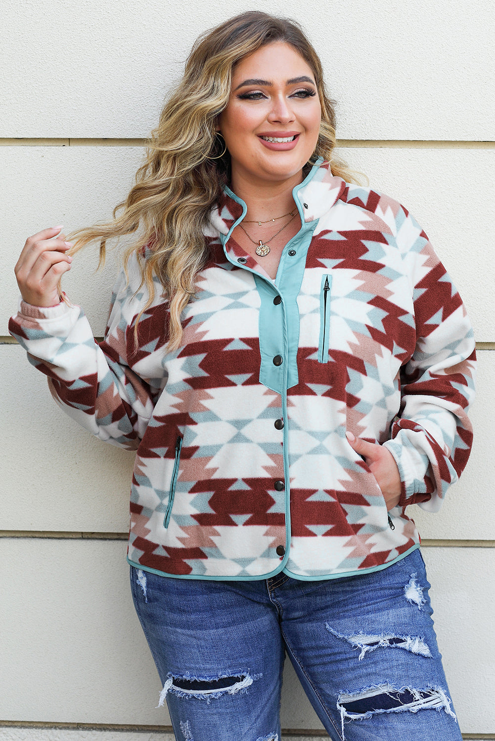 Fiery Red Geometric Aztec Pattern Plus Size Fleece Jacket