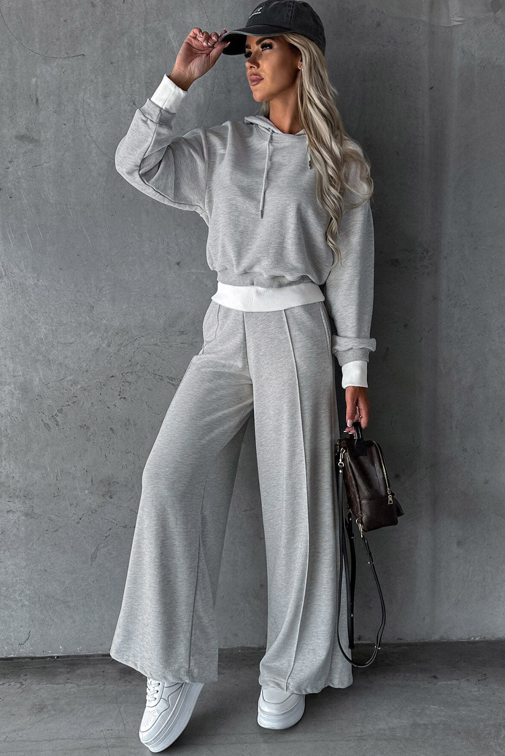 Beige Drawstring Hoodie Splicing Wide-Leg Pants Two Piece Set