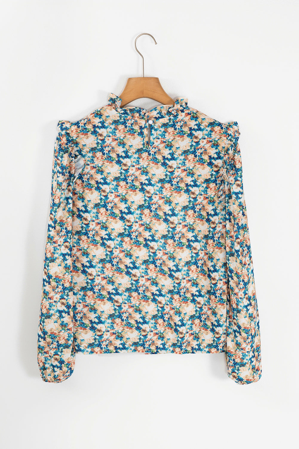 Sky Blue Floral Print Frilled Mock Neck Puff Sleeve Blouse