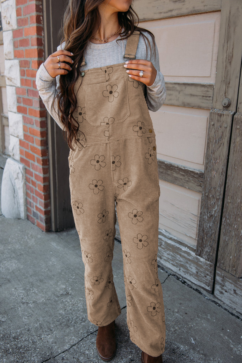 Khaki Flower Print Corduroy Overalls