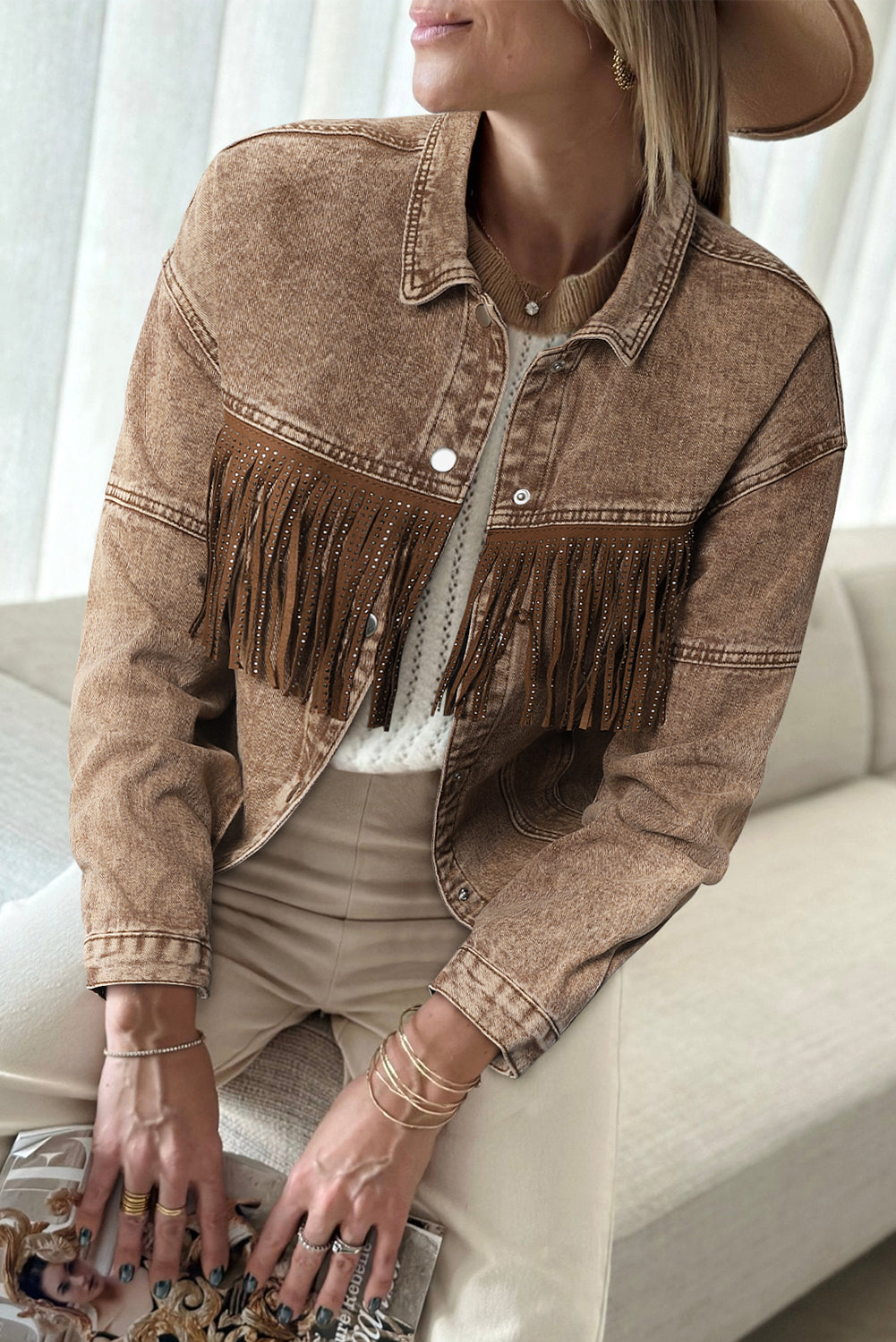 Brown Rhinestone Fringed Cowgirl Denim Jacket