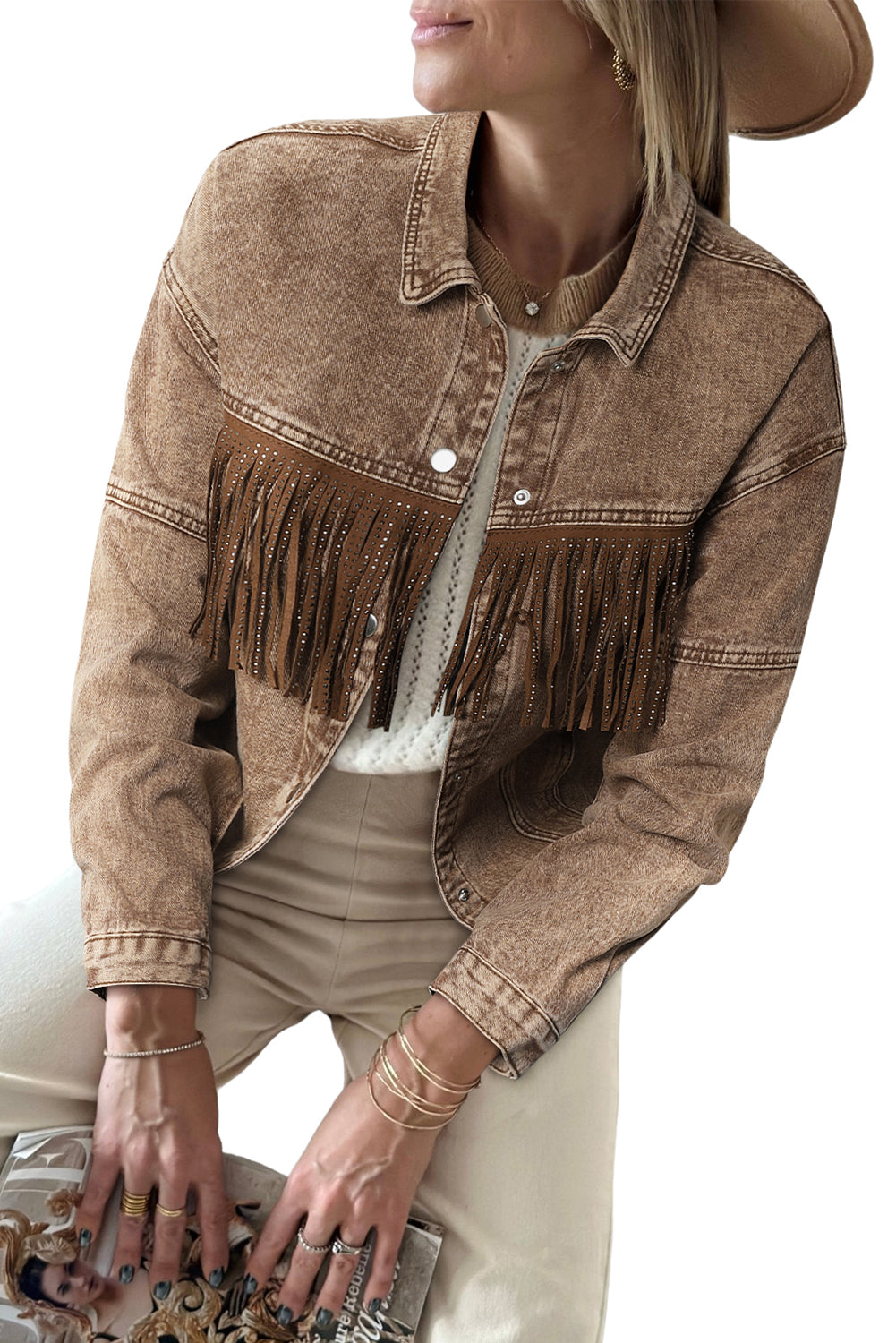 Brown Rhinestone Fringed Cowgirl Denim Jacket