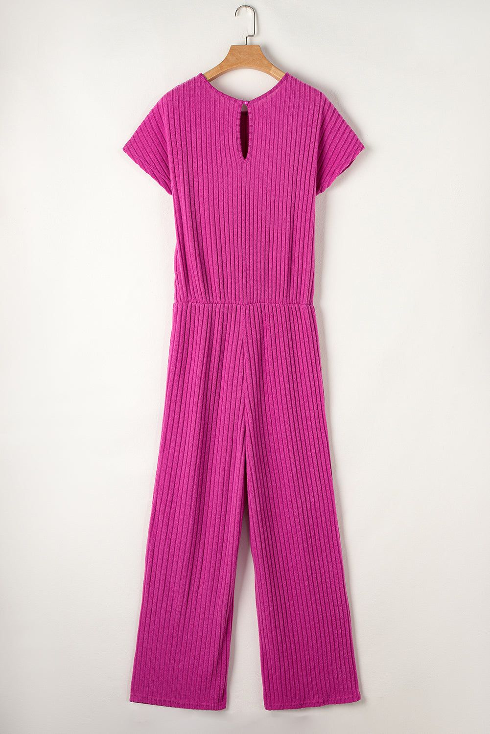 Rose Red Solid Color Ribbed Short Sleeve Wide Leg Jumpsuit