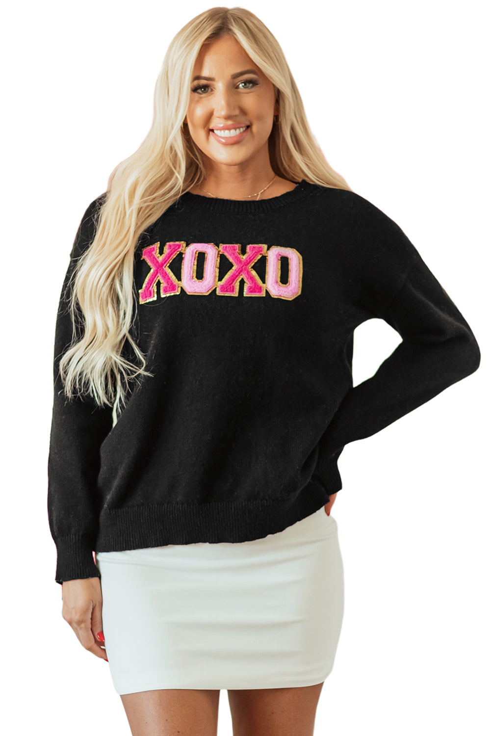 Black XOXO Glitter Print Round Neck Casual Sweater