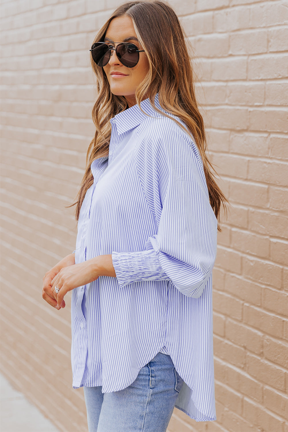 Sky Blue Smocked Cuffed Striped Boyfriend Shirt