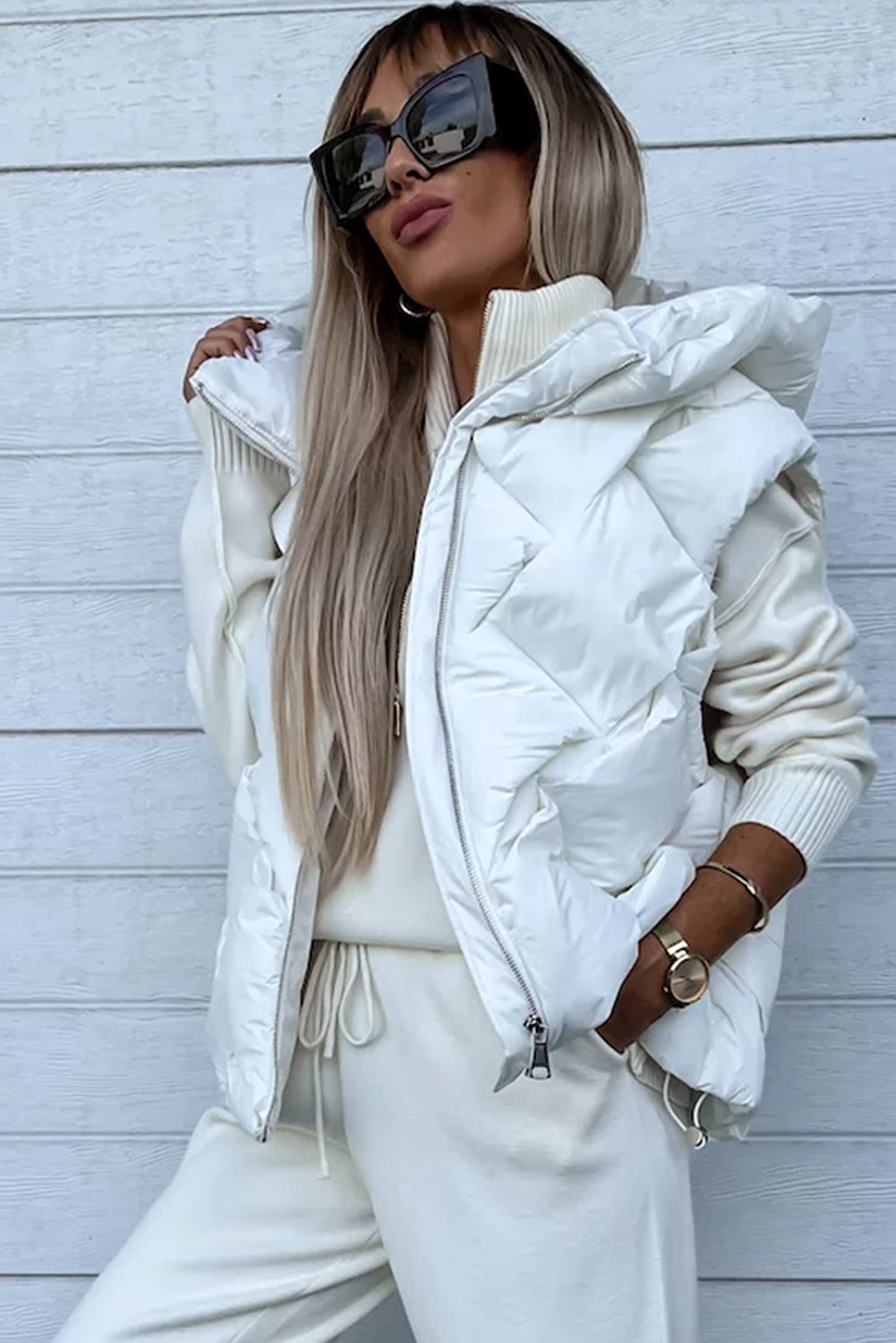 White Quilted Hooded Vest Coat