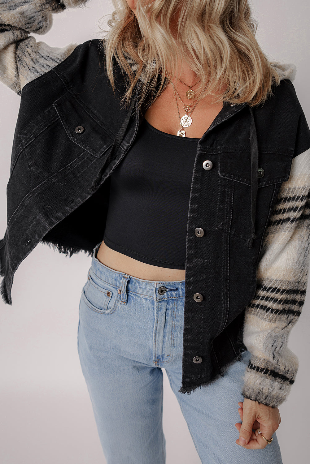 Black Plaid Sleeve Frayed Hem Hooded Denim Jacket