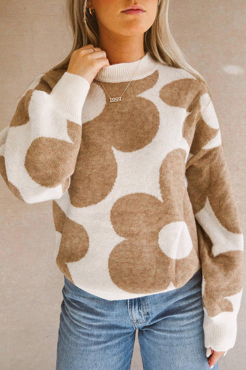 Khaki Big Flower Pattern Sweater