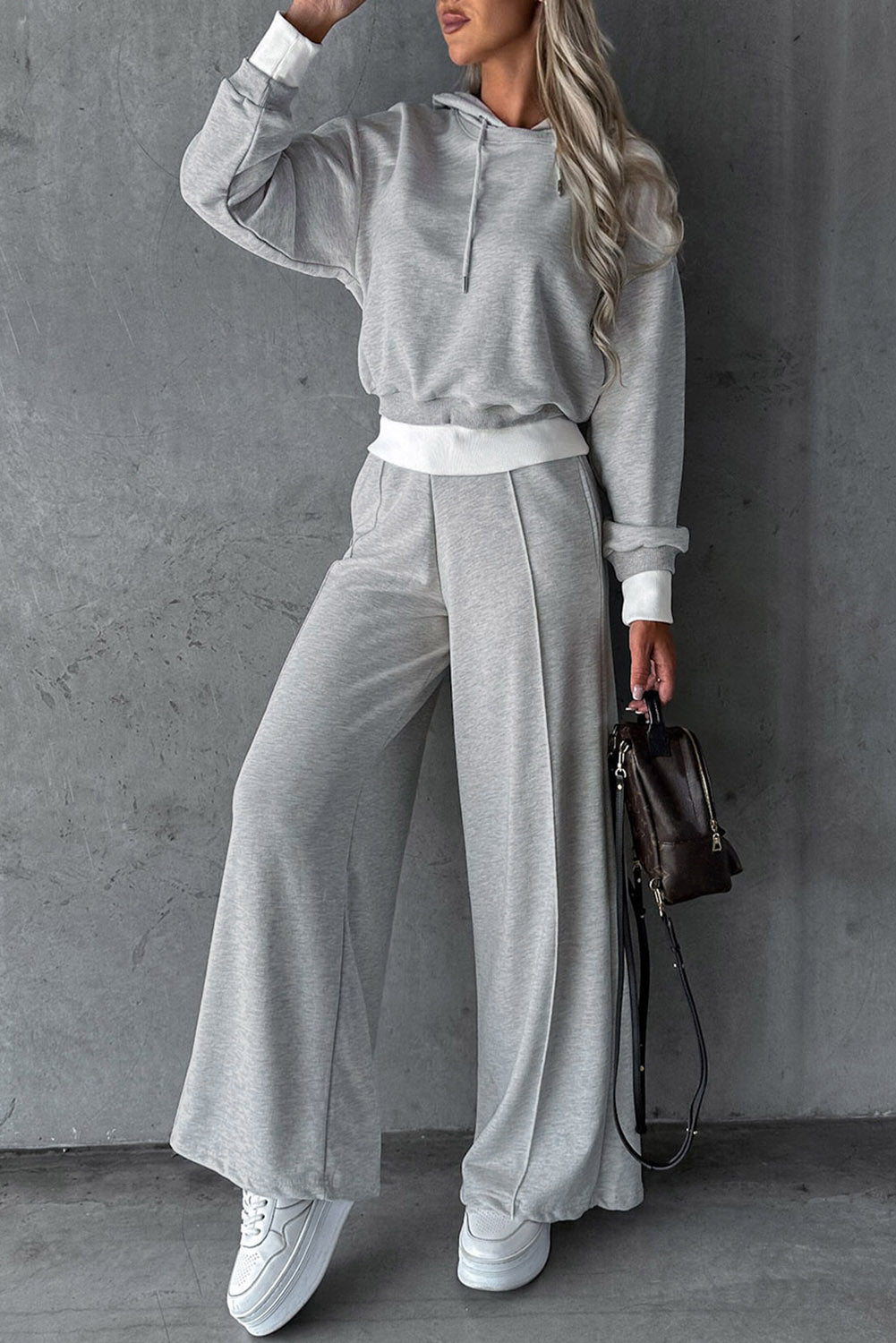 Beige Drawstring Hoodie Splicing Wide-Leg Pants Two Piece Set