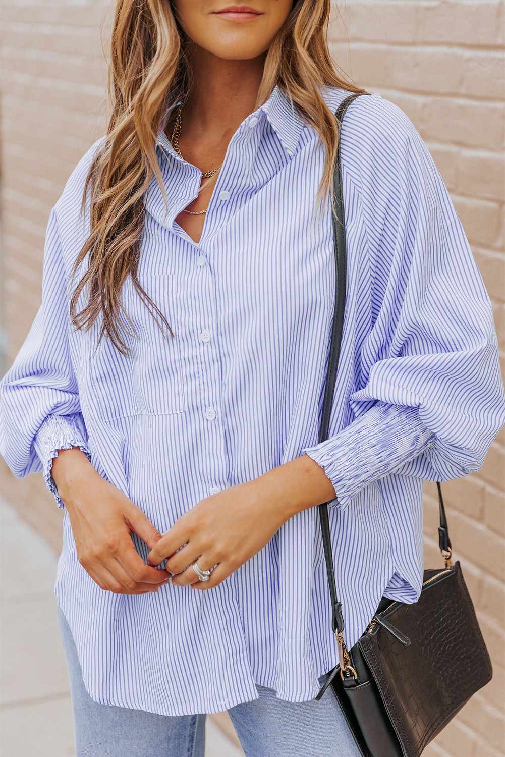 Sky Blue Smocked Cuffed Striped Boyfriend Shirt