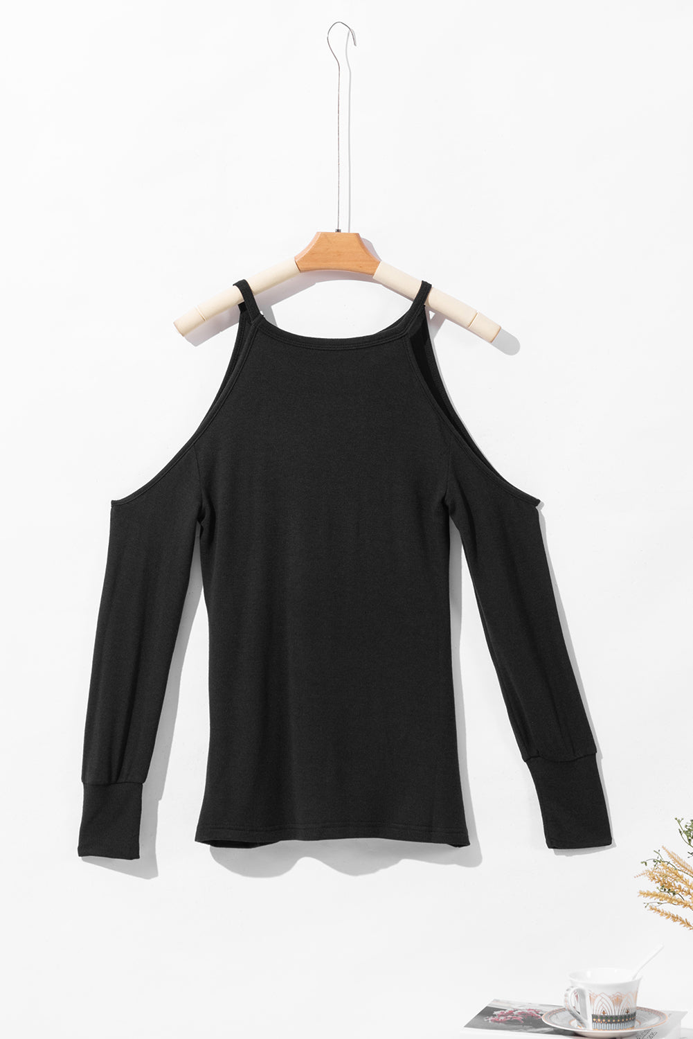 Black Marble Knit Cold Shoulder Long Sleeve Top