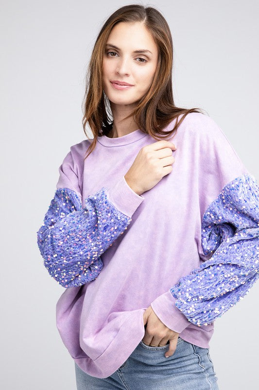 Sequin Sleeve Mineral Washed Top