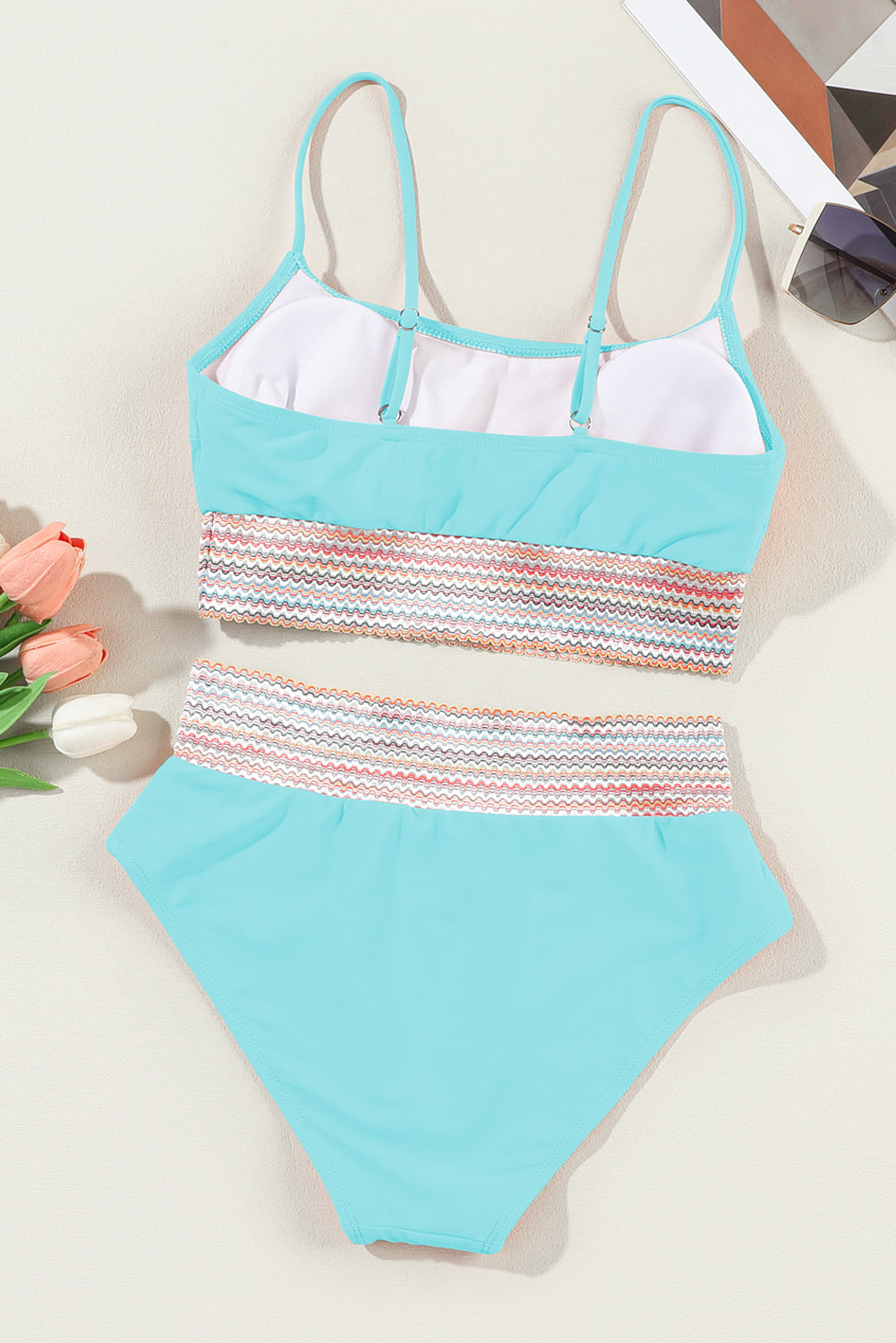 Sky Blue Striped Patchwork Spaghetti Strap High Waist Bikini Swimsuit