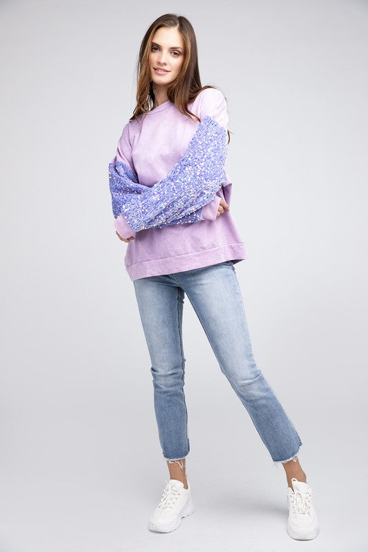 Sequin Sleeve Mineral Washed Top