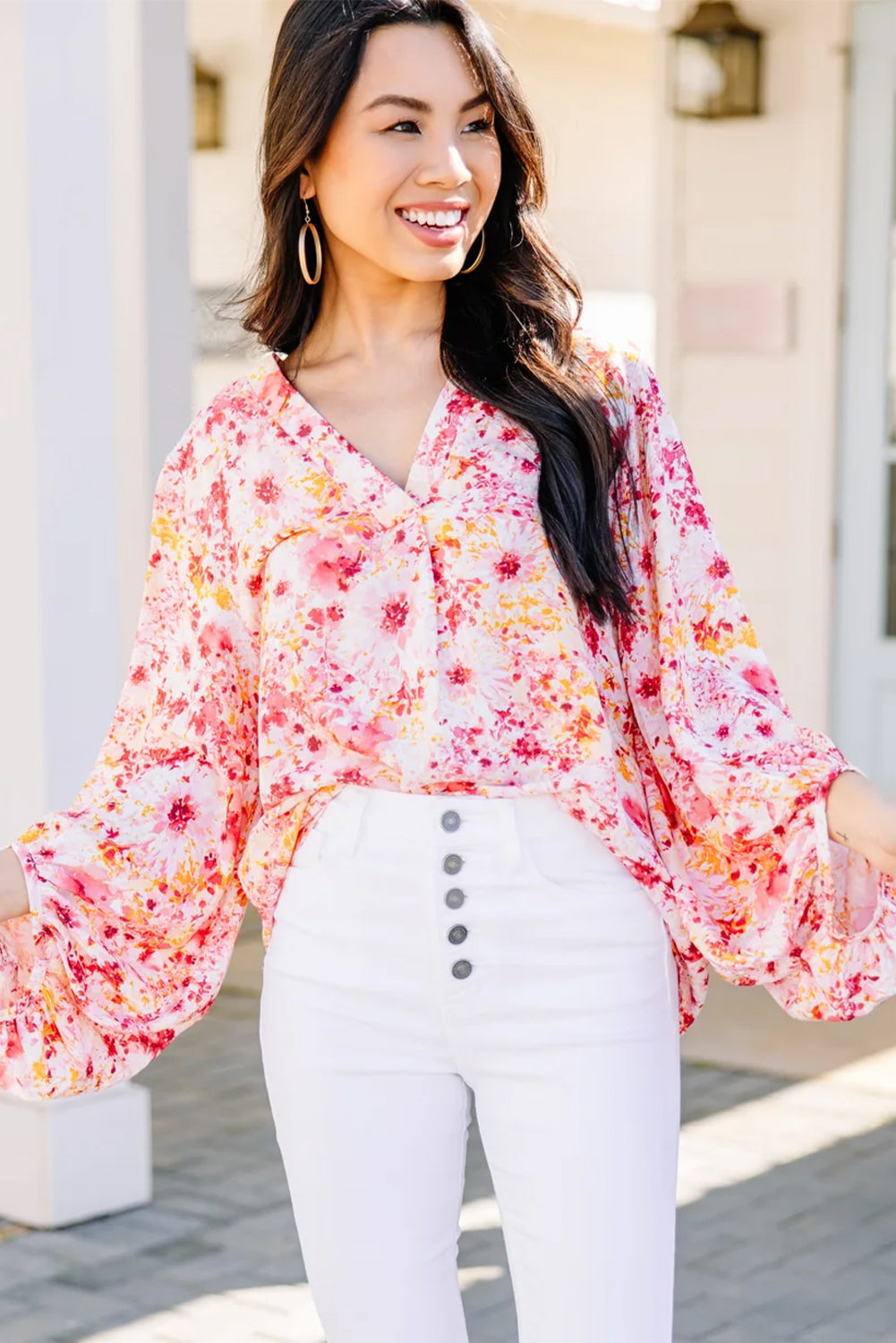 Pink Ditsy Floral Bubble Sleeve V Neck Blouse