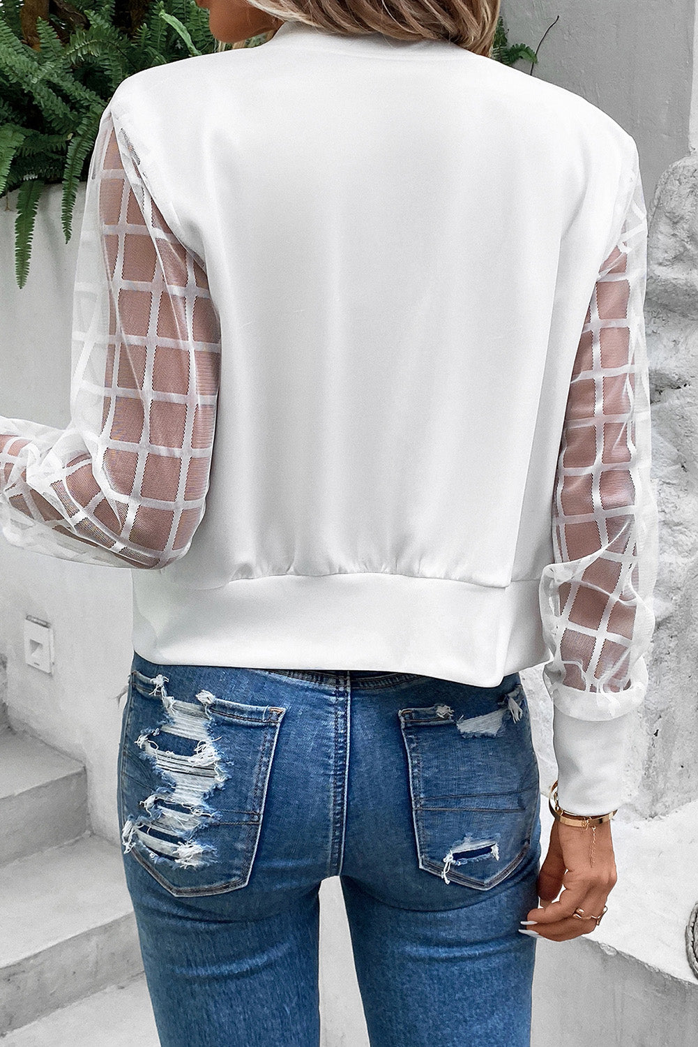 White Latticed Mesh Sleeve Bomber Jacket