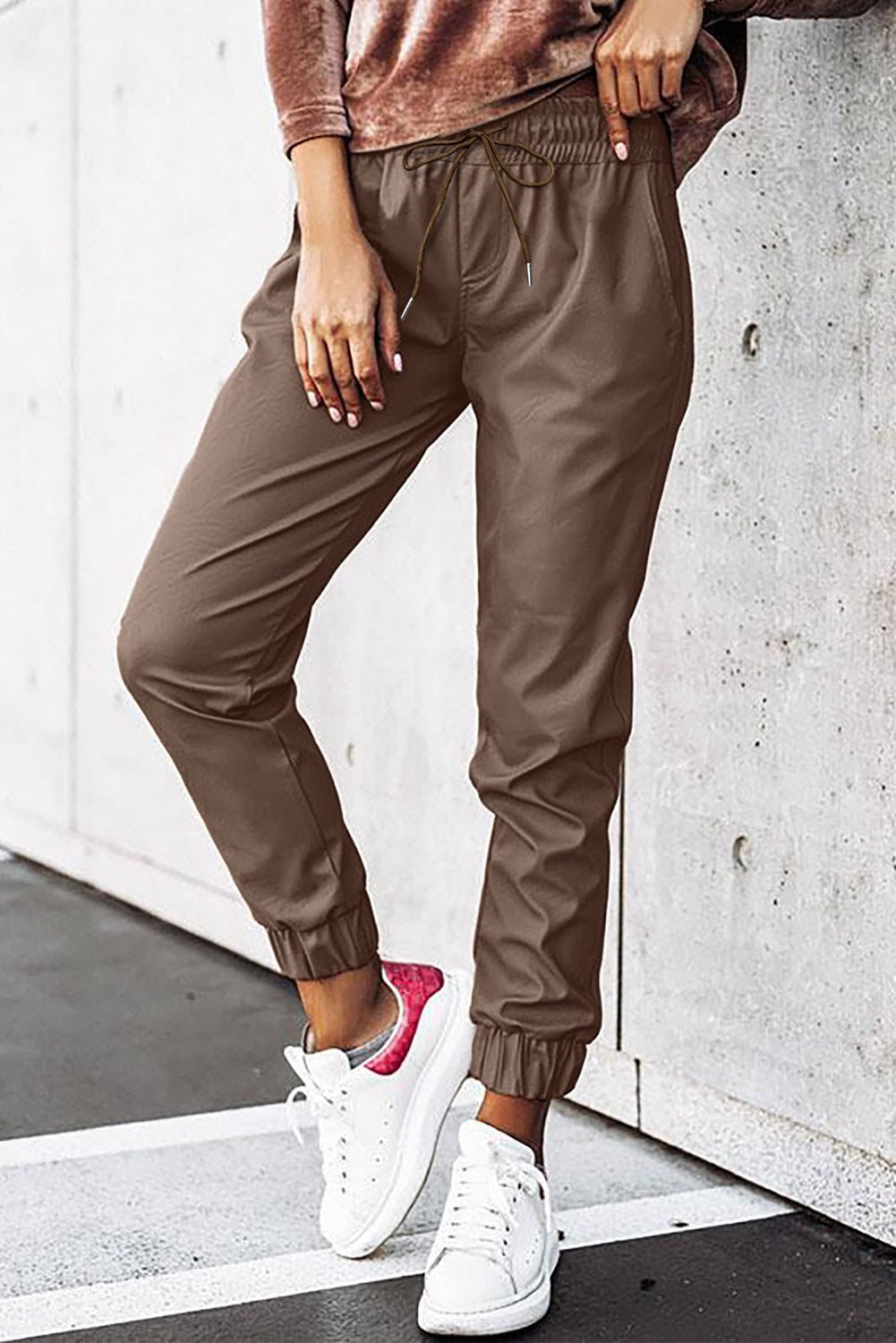 Brown Leather Tie Waist Jogger Pants