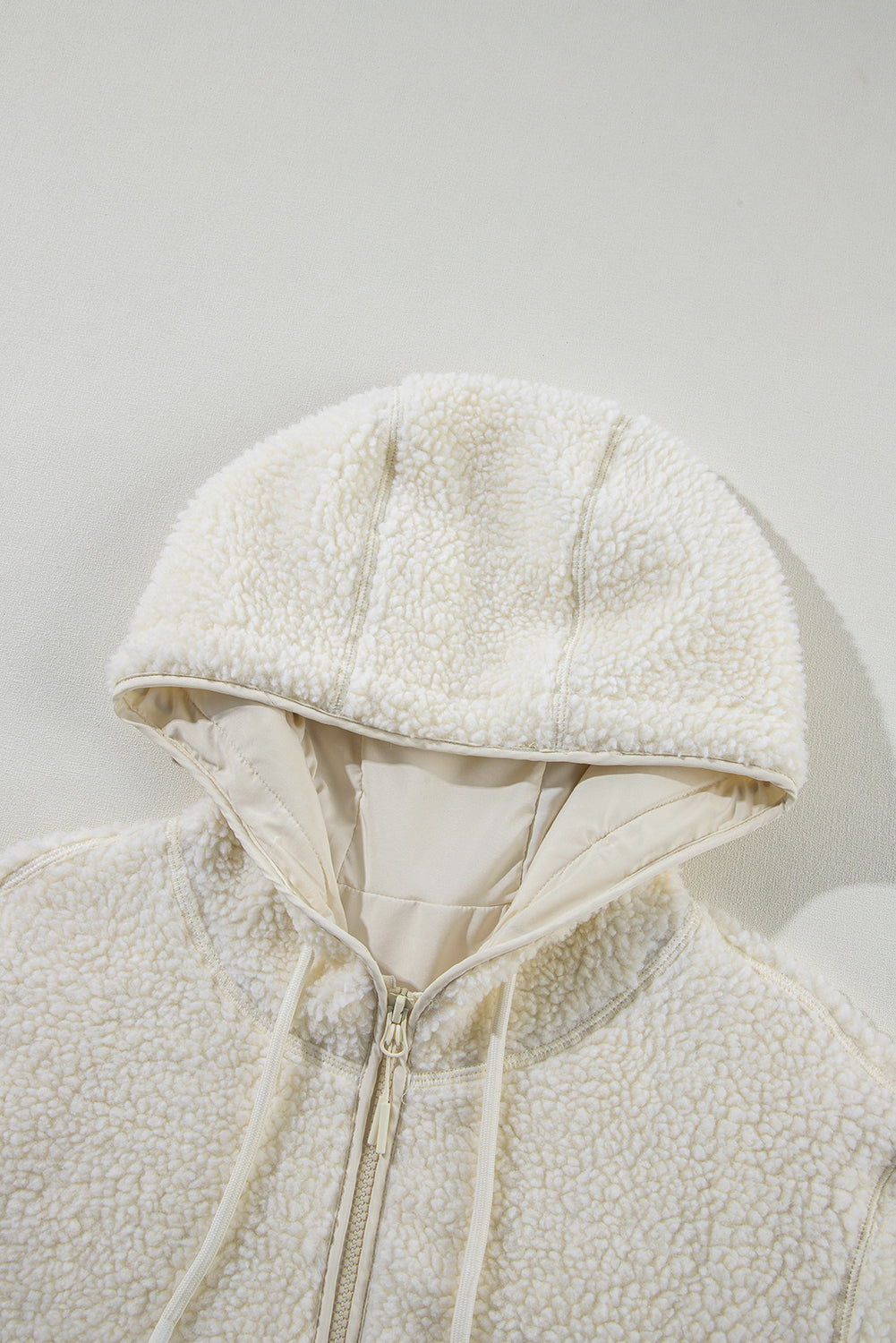 Beige Fleece Zip Up Drawstring Hooded Pocketed Jacket