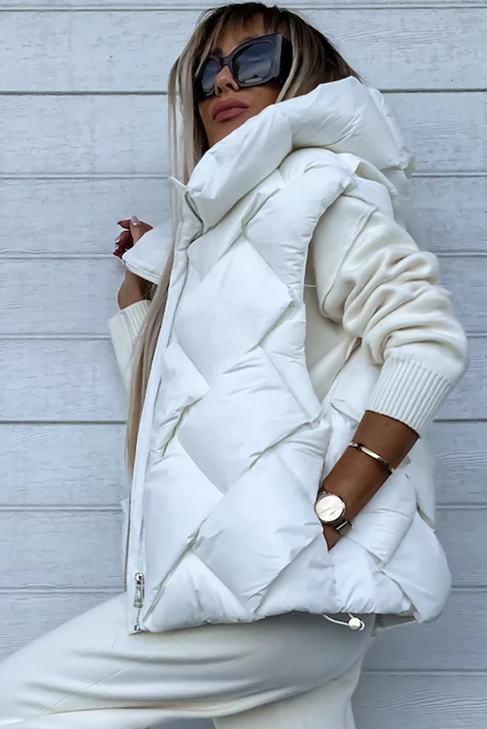 White Quilted Hooded Vest Coat